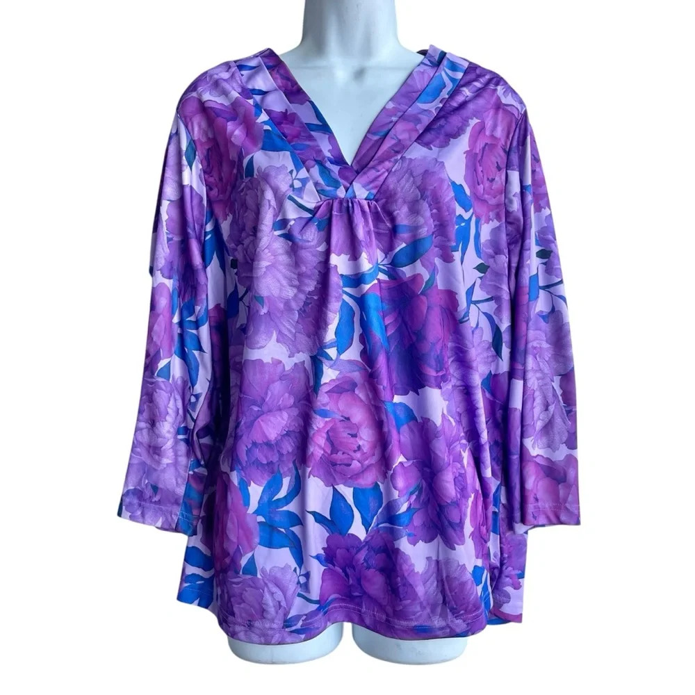 Vintage METROPOLITAN Floral V-Neck Top Women's Size XL Purple 3/4 Sleeve Blouse